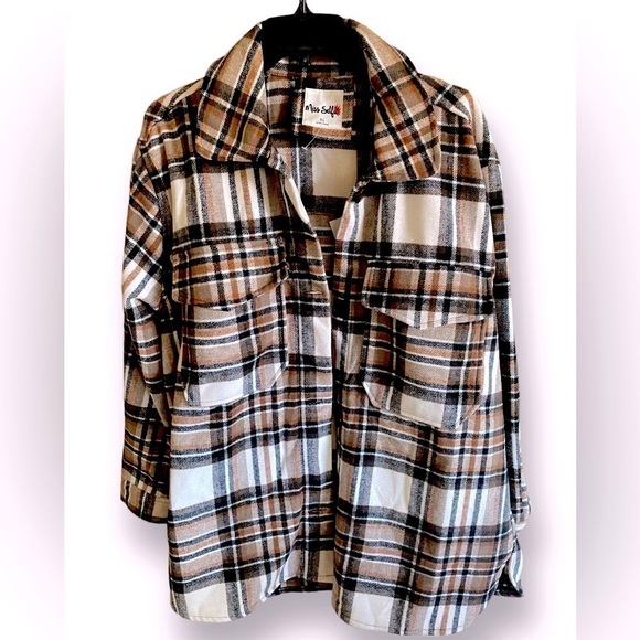 Miss Selfie Flannel PLAID Button Down Oversized Shirt Shacket Long Sleeve XL - Picture 2 of 11